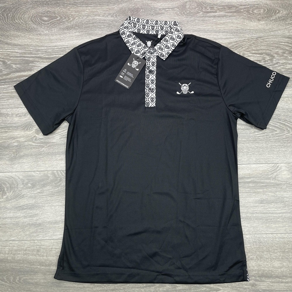 Chuco Golf Polo Shirt Mens Small Black Melton Sport Skull Collar Performance